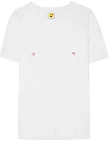 YEAH RIGHT NYC - Fire Embroidered Cotton-jersey T-shirt - White