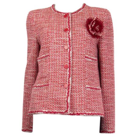 CHANEL pink white wool Tweed FLOWER BROOCH Blazer Jacket 42 L For Sale at 1stDibs