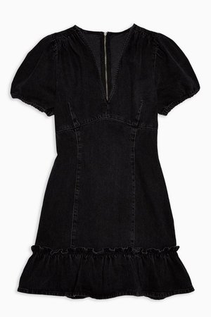 Washed Black V Neck Frill Hem Denim Mini Dress | Topshop
