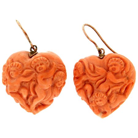 Handcraft 14 Karat Yellow Gold Coral Drop Earrings For Sale at 1stDibs