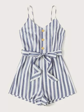 Button Front Belted Striped Cami Romper | SHEIN USA blue