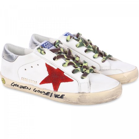 Golden Goose Camo Shoe Laces Logo Sneakers with Red Stars in White - BAMBINIFASHION.COM