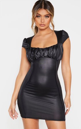 Black Metallic Slinky Ruched Bust Bodycon Dress | PrettyLittleThing