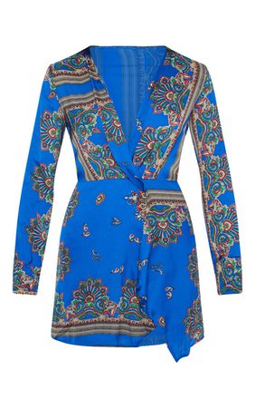Thandie Cobalt Silky Long Sleeve Wrap Dress | PrettyLittleThing USA