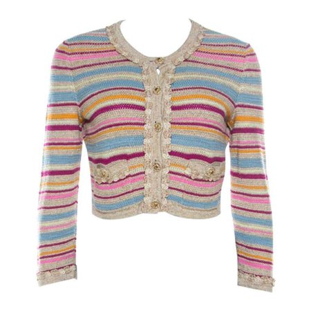 Chanel Multicolor Striped Cotton Lurex Knitted Cardigan M For Sale at 1stDibs