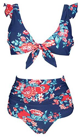 COCOSHIP Red Pink & Navy Blue Antigua Floral High Waisted Shirred Bikini Set Tie Front Closure Top Ruffle Straps Swim Bathing Suit 6: Clothing