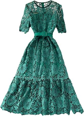 Womens Summer Hollow Out Lace Long Dress Sexy O-Neck High Waist Short Sleeve Dress Vacation A-Line Dress with Belt Green at Amazon Women’s Clothing store
