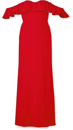 Ruffled Off-the-shoulder Crepe Gown - Red