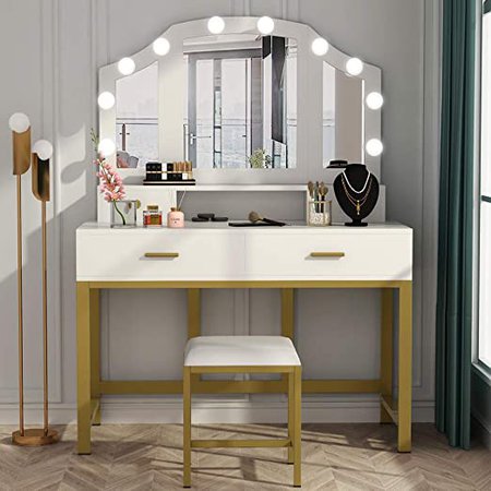 Amazon.com: Tribesigns 47” Large Vanity Set with Tri-Folding Lighted Mirror, Elegant Makeup Table Vanity Dresser with 4 Drawers, 10 LED Lights and Cushioned Stool, Dressing Table for Girls Bedroom, White Gold : Home & Kitchen