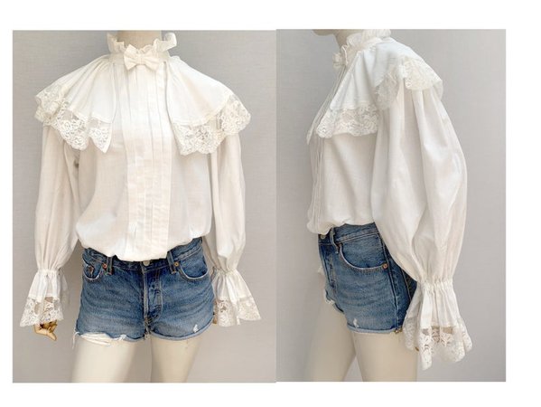 80s vintage ruffled white BLOUSE // poet sleeves blouse // | Etsy