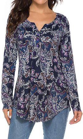 Women's Paisley Printed Long Sleeve Henley V Neck Pleated Casual Flare Tunic Blouse Shirt at Amazon Women’s Clothing store
