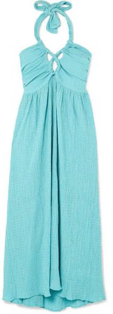 Annika Cutout Cotton-seersucker Halterneck Dress - Turquoise