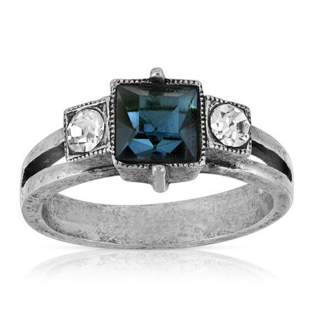 Pewter Dark Blue and Clear Crystal Square Ring