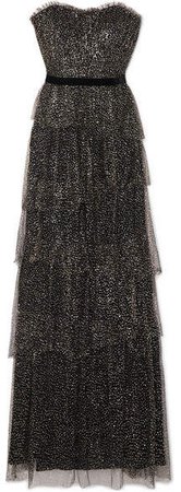 Strapless Tiered Velvet-trimmed Glittered Tulle Gown - Black