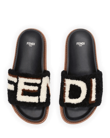 Fendi Black White Shearling Fur Ff Logo Mule Slide Flip Flop Flat Sandals