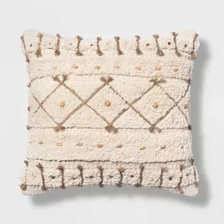 Square Textured Pillow With Jute Cording And Wooden Beads Neutral - Opalhouse™ : Target