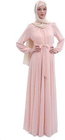 Amazon.com: BooW Women's Chiffon Kaftan Abaya Dress Muslim Long Sleeve Self Tie Flowy Maxi Dress Islamic Evening Gown (20243-Pink, M) : Clothing, Shoes & Jewelry
