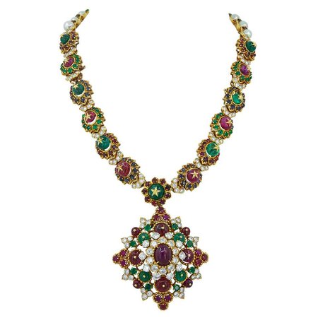Van Cleef and Arpels Diamond, Ruby, Emerald, Sapphire Beads Pearl Necklace Set For Sale at 1stdibs