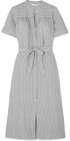 Belted Striped Linen And Cotton-blend Dress - Gray