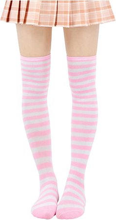 DAZCOS Striped Stockings Over Knee Thigh High Socks Anime Preppy Socks Multi color (Pink+White) at Amazon Women’s Clothing store