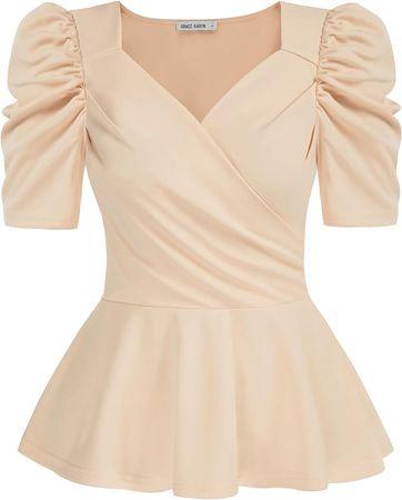 GRACE KARIN 2024 Womens Summer Tops Elegant Peplum Top Wrap V Neck Puff Short Sleeve Shirts Tops Blouse at Amazon Women’s Clothing store