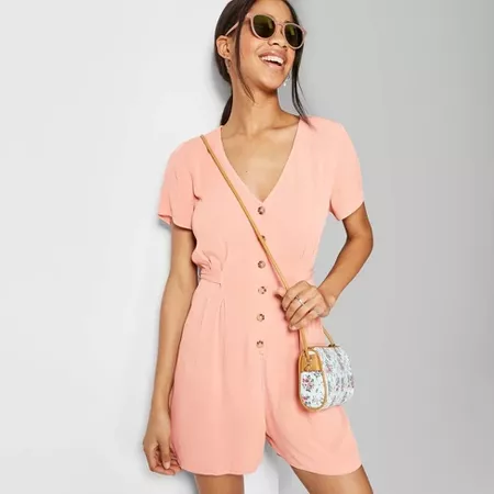 Women's Short Sleeve V-Neck Button-Front Romper - Wild Fable™ Coral : Target