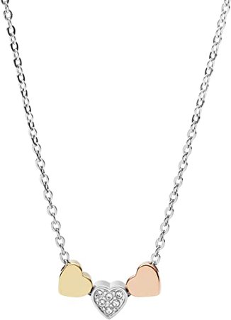 Fossil Women's Heart Tri-Tone Steel Chain Necklace, Color: Silver: Jewelry