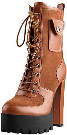 Amazon.com | LISHAN Women's Lace Up Chunky Heel Platform Ankel Boots | Ankle & Bootie