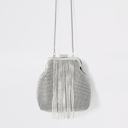 Silver diamante tassel cliptop bag | River Island