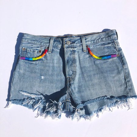 Rainbow Embroidered Denim Shorts | Etsy