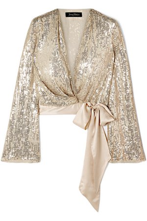 Jenny Packham | Satin-trimmed sequined silk-chiffon wrap top | NET-A-PORTER.COM