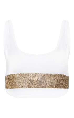 Cream Diamante Scoop Neck Bikini Top | PrettyLittleThing