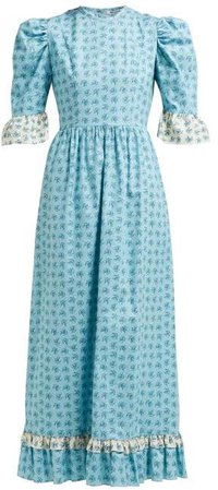 Floral Print Ruffled Cotton Dress - Womens - Blue Multi