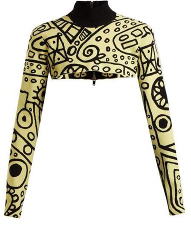 Colville - Abstract Print Cropped Sweater - Womens - Black Yellow