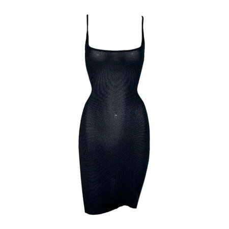 1990's Dolce and Gabbana Black Semi-Sheer Plunging Square Neck Knit Mini Dress For Sale at 1stdibs