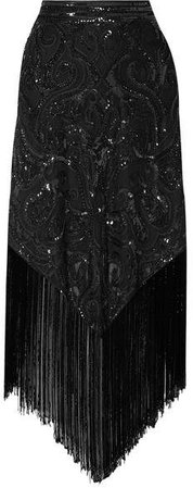 Fringed Sequined Tulle Midi Skirt - Black