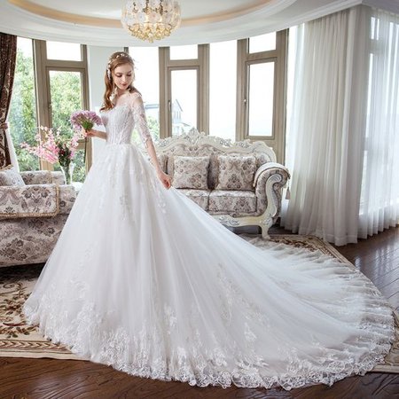 Luxury / Gorgeous White Wedding Dresses 2018 A-Line / Princess Lace Flower Scoop Neck Backless 1/2 Sleeves Royal Train Wedding