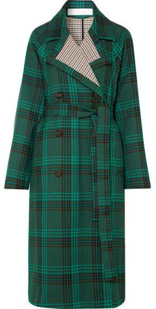 Belted Double-breasted Checked Twill Coat - Green