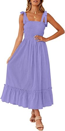 ZESICA Women's 2023 Summer Boho Spaghetti Strap Square Neck Solid Color Ruffle A Line Beach Long Maxi Dress at Amazon Women’s Clothing store