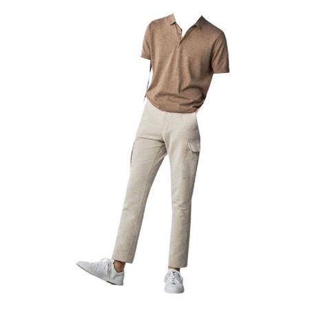 brown tan polo shirt beige khaki pants white sneakers outfit png