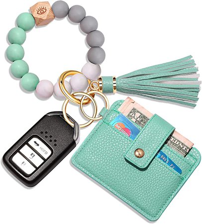 Wristlet Bracelet Keychain Wallet, Silicone Bead House Car Key Ring Pocket Credit Card Holder (MInt Green) at Amazon Women’s Clothing store