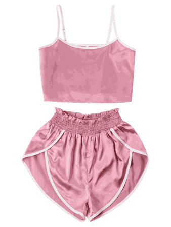 Contrast Trim Cami And Shorts Set PINK: Two-Piece Outfits M | ZAFUL
