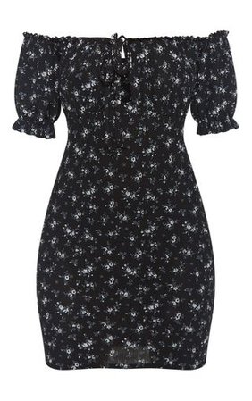 Black Ditsy Floral Tie Bardot Jersey Bodycon Dress | PrettyLittleThing