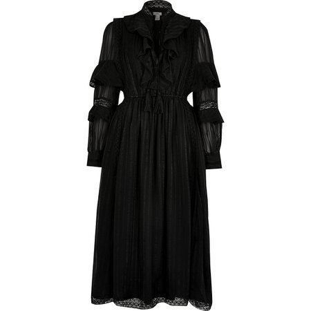 Black long sleeve ruffle midi dress | River Island