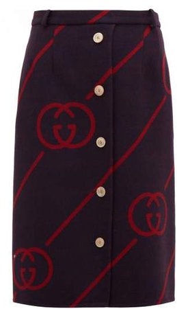 Gg Jacquard Wool Blend Skirt - Womens - Navy Multi