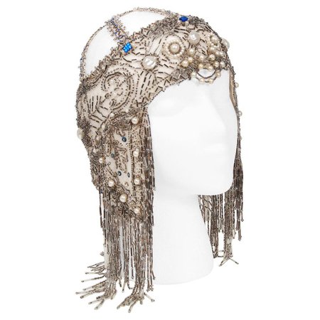 Vintage 1920's French Couture Deco Pearl Beaded Sequin Fringe Flapper Headpiece For Sale at 1stDibs