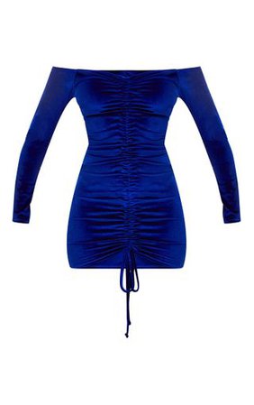 Blue Velvet Bardot Long Sleeve Ruched Bodycon Dress | PrettyLittleThing