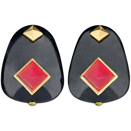 Margot McKinney Black Jade Pyramid Earrings, Red Chalcedony, Tsavorite Garnets