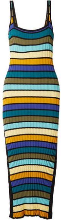 Striped Ribbed-knit Midi Dress - Blue