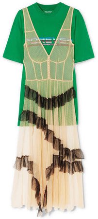 Pushbutton - Layered Point D'esprit Tulle And Printed Cotton-blend Jersey T-shirt - Green